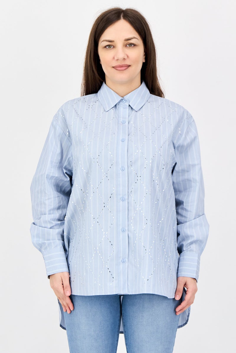 bebe Women Spread Collar Long Sleeve Embellished Shirt, Light Blue - Image 1